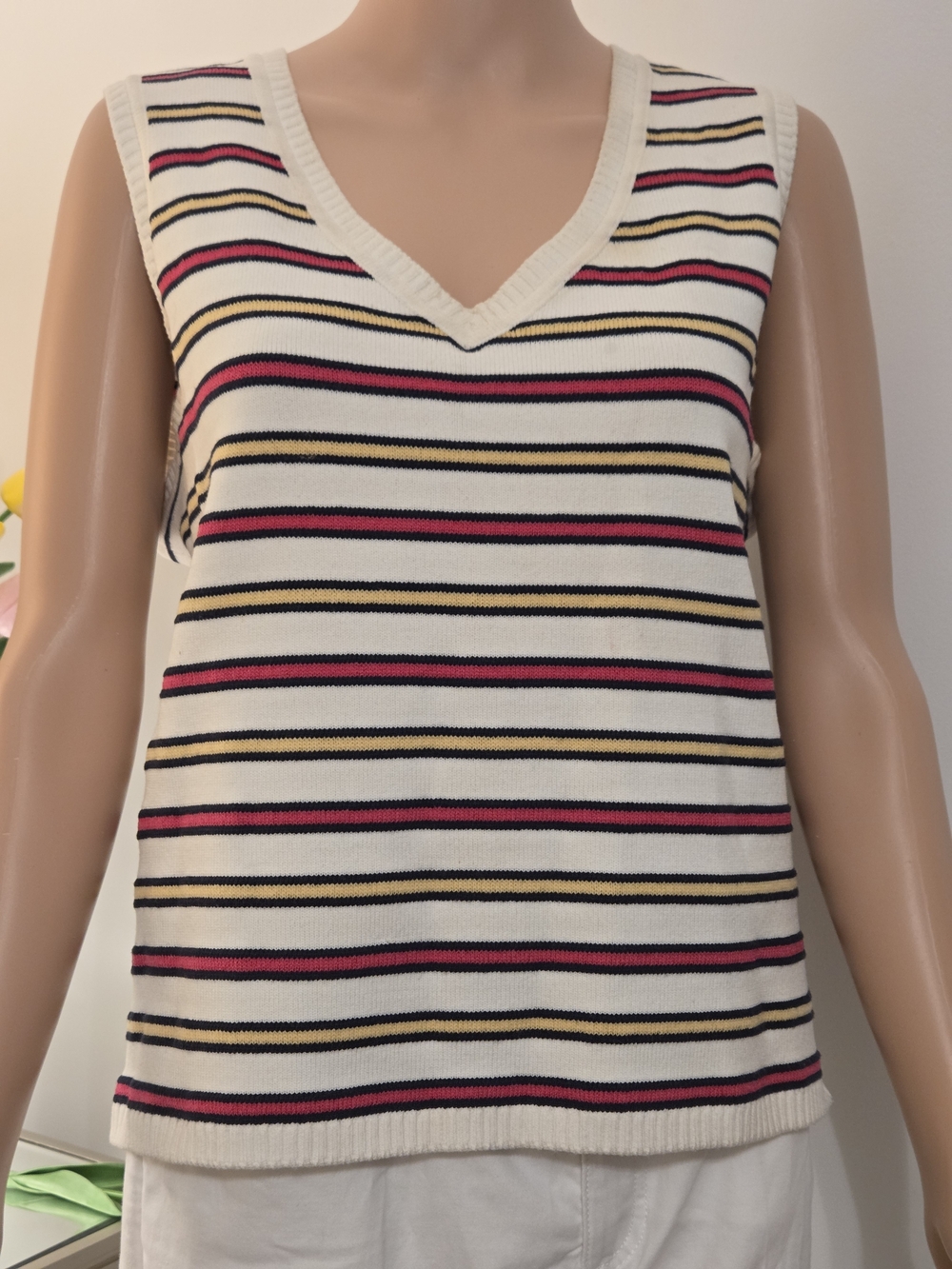 Striped V-Neck Knit Tank Top - White with Pink & Yellow Stripes